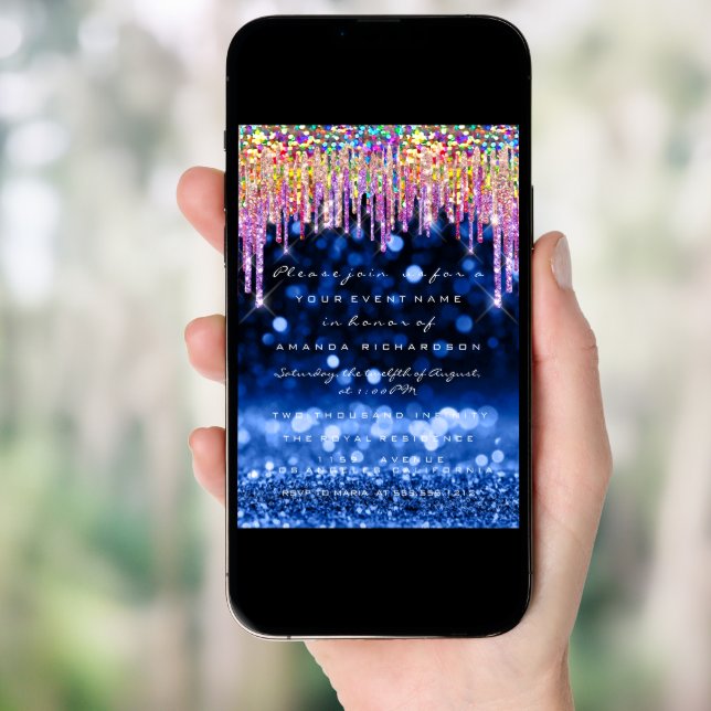 Glitter Drips  Wedding Birthday Party Blue Navy Invitation (Front Digital)