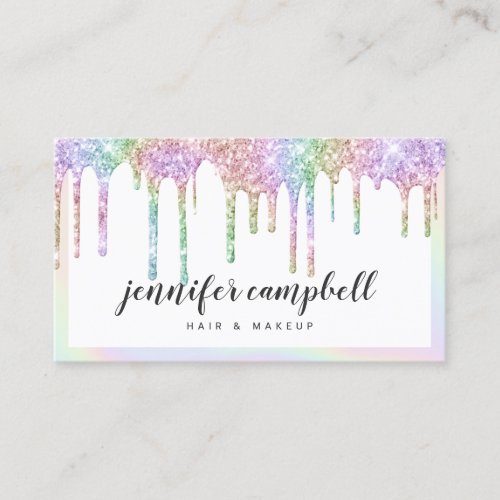 Glitter drips white makeup holographic unicorn business card