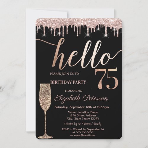 Glitter DripsWine Glass 75th Birthday Party  Invitation