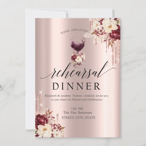 Glitter Drips Wine Glass Roses Rehearsal Dinner Invitation