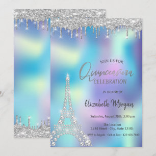 Glitter Drop Diamonds Eiffel Tower Quinceanera Invitation