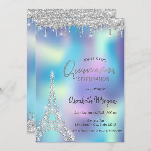 Glitter Drop Diamonds Eiffel Tower Quinceanera Invitation