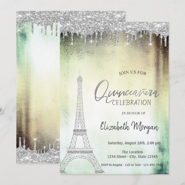  Glitter Drops,Eiffel Tower Green Quinceanera  Invitation (Front/Back)