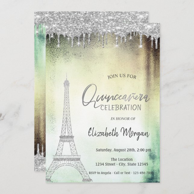  Glitter Drops,Eiffel Tower Green Quinceanera  Invitation (Front/Back)
