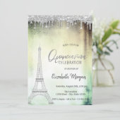 Glitter Drops,Eiffel Tower Green Quinceanera  Invitation (Standing Front)