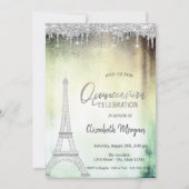 Glitter Drops,Eiffel Tower Green Quinceanera  Invitation (Front)