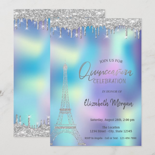 Glitter Drops Eiffel Tower Holographic Quinceanera Invitation (Front/Back)