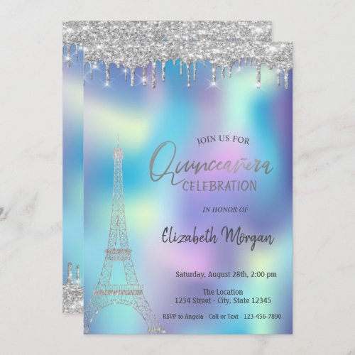 Glitter Drops Eiffel Tower Holographic Quinceanera Invitation