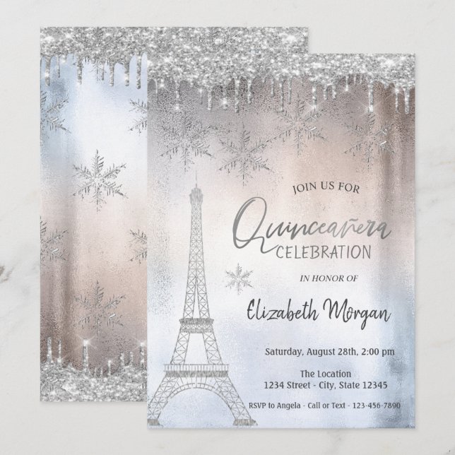 Glitter Drops Eiffel Tower Snowflakes Quinceañera Invitation (Front/Back)