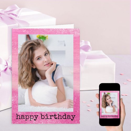 Glitter Dust Ombre Sparkle Pink Photo Birthday Card