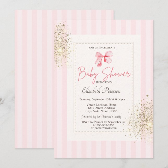 Glitter Dust Pink Bow Striped Baby Shower Invitation (Front/Back)