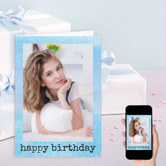 Glitter Dust Sparkle Blue Photo Birthday Card (Creator Uploaded)