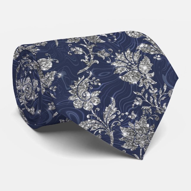 Glitter Dusty Blue and Silver Floral Neck Tie (Rolled)