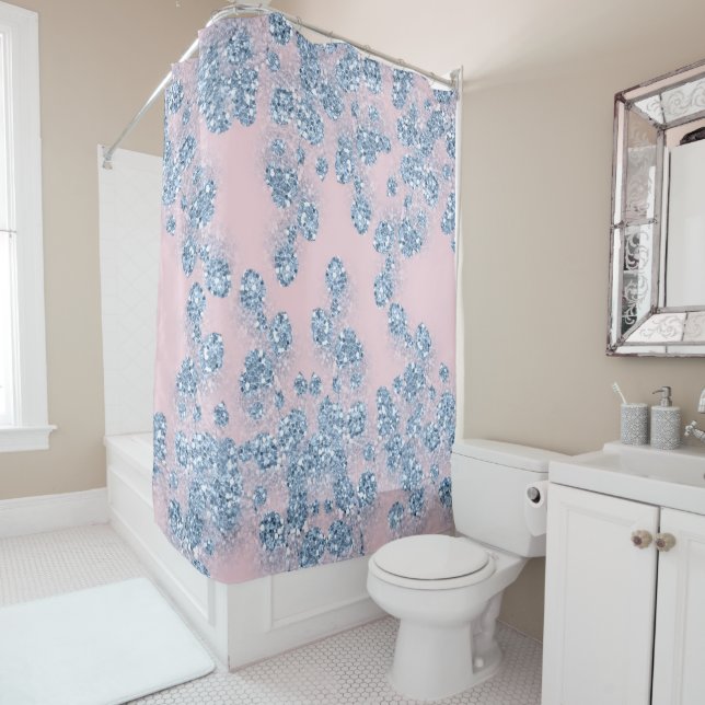 Glitter Dusty Blue Floral GIRLY Elegant Pink Shower Curtain (In Situ)