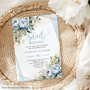 Glitter Dusty Blue White Gold Flowers Sweet 16 Invitation