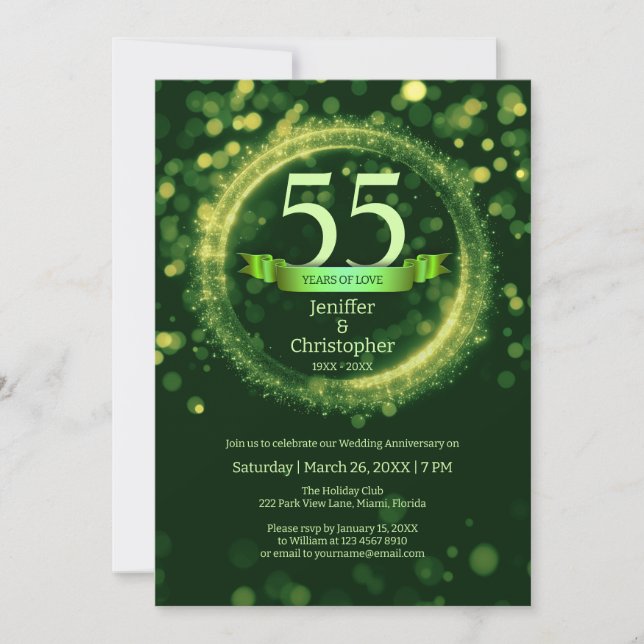 Glitter Edit Year Name Wedding Anniversary Green Invitation (Front)