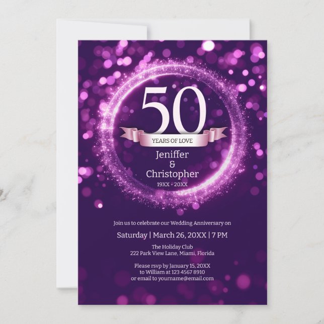 Glitter Edit Year Name Wedding Anniversary Purple Invitation (Front)