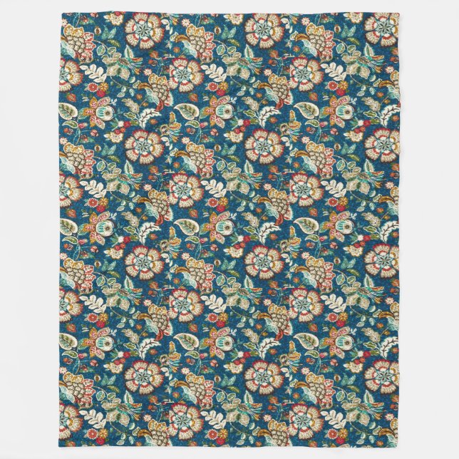 Glitter Effect Floral on Dark Blue Fleece Blanket (Front)
