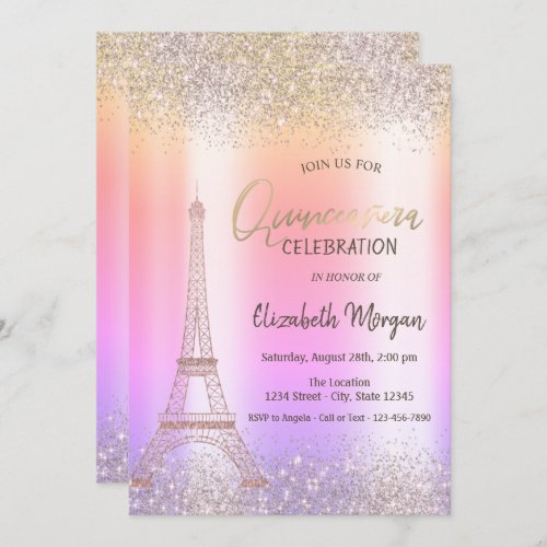 Glitter Eiffel Confetti Ombre Quinceaera   Invitation