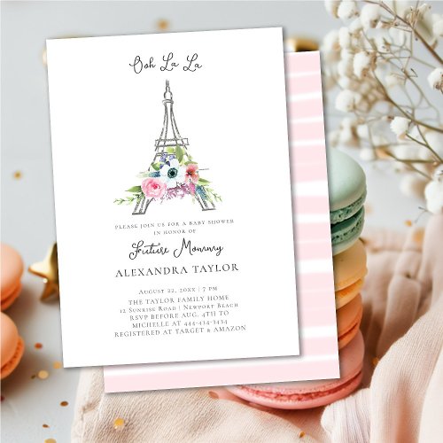 Glitter Eiffel Paris Floral Pink Girl Baby Shower Invitation