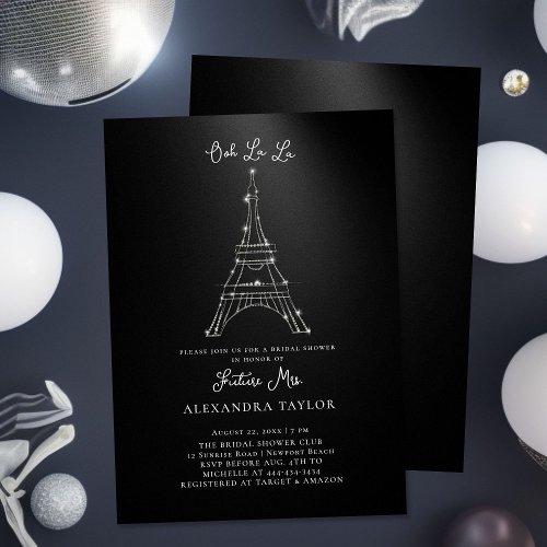 Glitter Eiffel Paris Minimal Black Bridal Shower Invitation