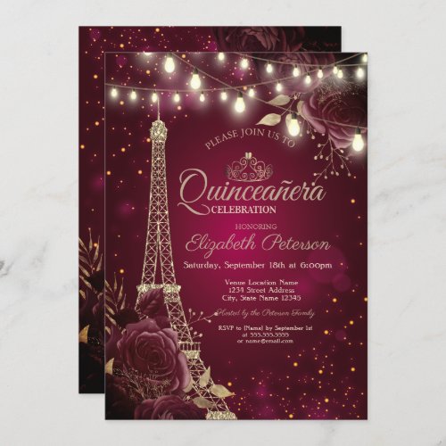 Glitter Eiffel TowerBurgundy Roses Quinceaera  Invitation