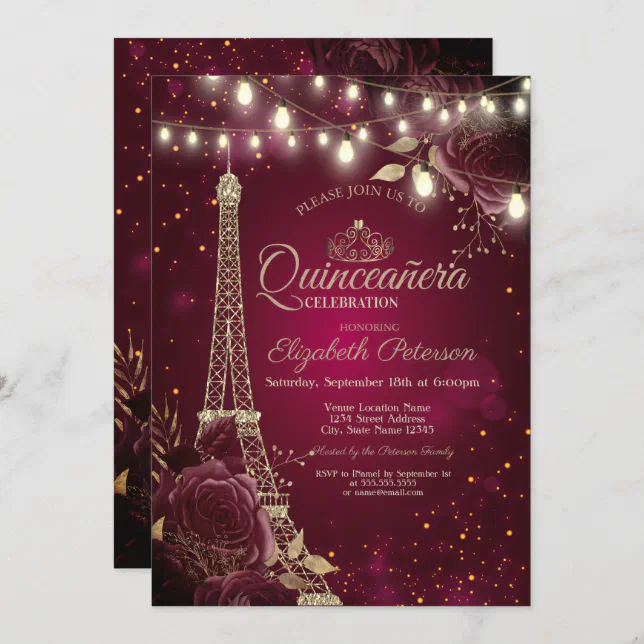 Glitter Eiffel Tower,Burgundy Roses Quinceañera Invitation Zazzle