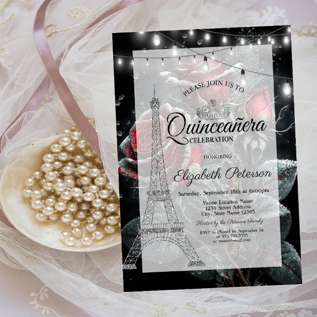 Glitter Eiffel Tower,Dark Roses Drops Quinceañera  Invitation (Creator Uploaded)