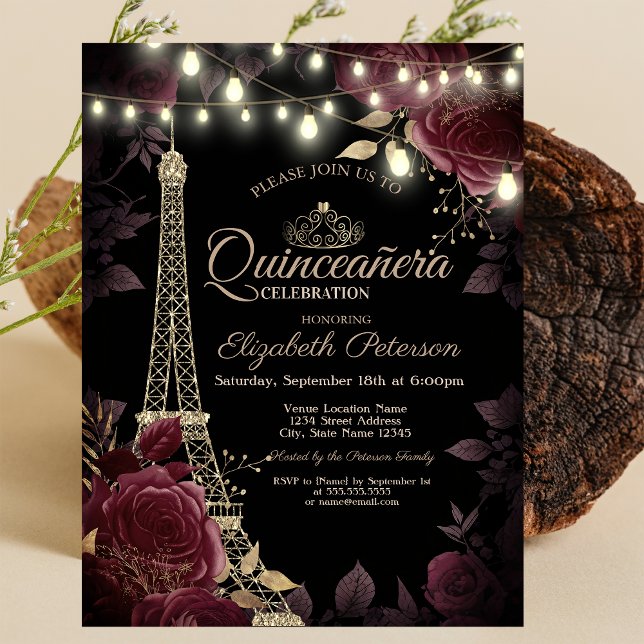 Glitter Eiffel Tower,Dark Roses Quinceañera  Invitation (Creator Uploaded)