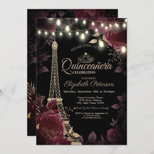 Glitter Eiffel TowerDark Roses Quinceaera  Invitation