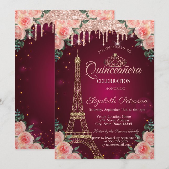Glitter Eiffel Tower Drips Floral Quinceañera Invitation (Front/Back)
