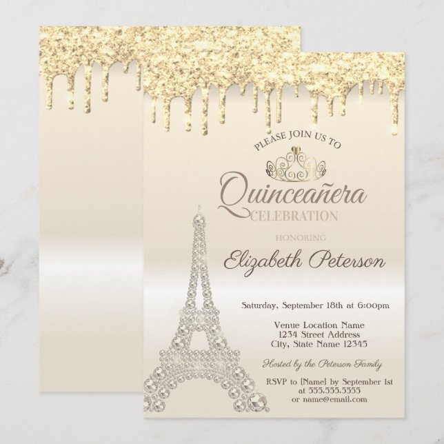 Glitter Eiffel Tower,Drips Gold Quinceañera  Invitation (Front/Back)