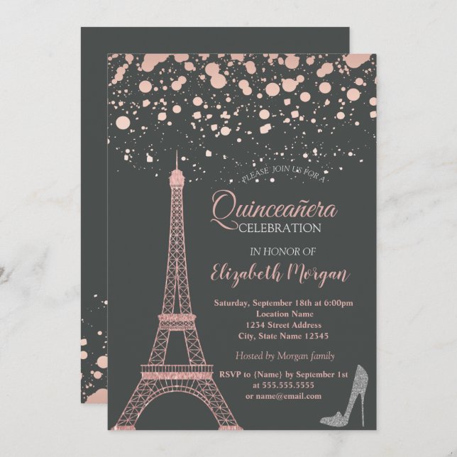 Glitter Eiffel Tower,Heels Dots Quinceañera Invitation (Front/Back)