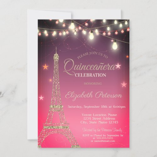 Glitter Eiffel TowerLights Ombre Quinceaera  Invitation