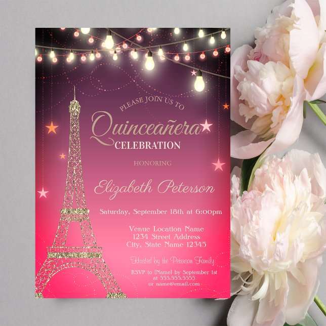 Glitter Eiffel Tower,Lights Ombre Quinceañera  Invitation (Creator Uploaded)