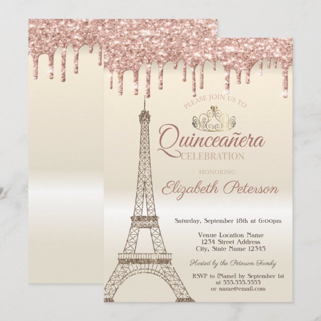 Glitter Eiffel Tower,Tiara,Drips Quinceañera Invitation (Front/Back)