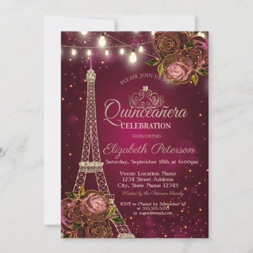 Glitter Eiffel TowerTiara Roses Red Quinceaera  Invitation