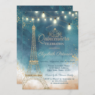 Glitter Eiffel Tower,Tiara Watercolor Quinceañera Invitation