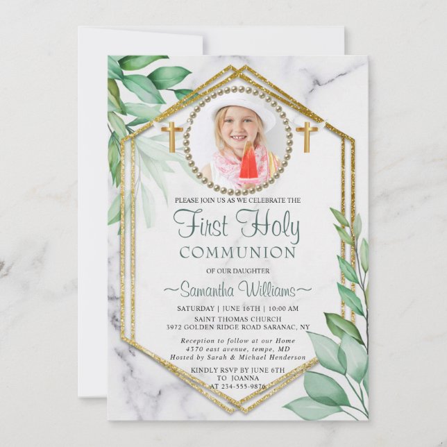 Glitter Elegant Eucalyptus Photo First Communion Invitation (Front)