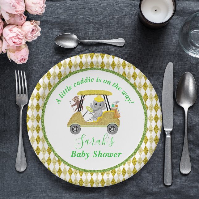 Glitter Elephant & Monkey Golf Baby Shower Return Paper Plates (Creator Uploaded)