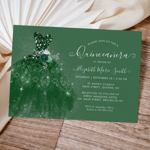 Glitter Emerald Green Silver Dress Quinceanera Invitation
