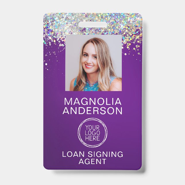 Glitter Employee Photo Logo Barcode Name Badge (Front)