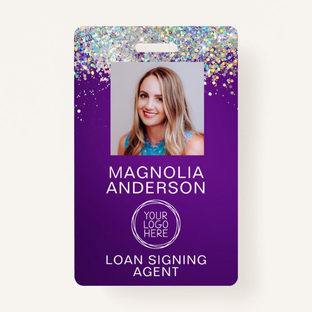 Glitter Employee Photo Logo Barcode Name Badge (Front)