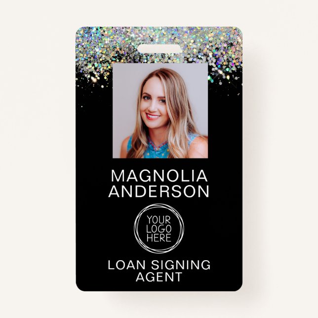 Glitter Employee Photo Logo Barcode Name Badge (Front)