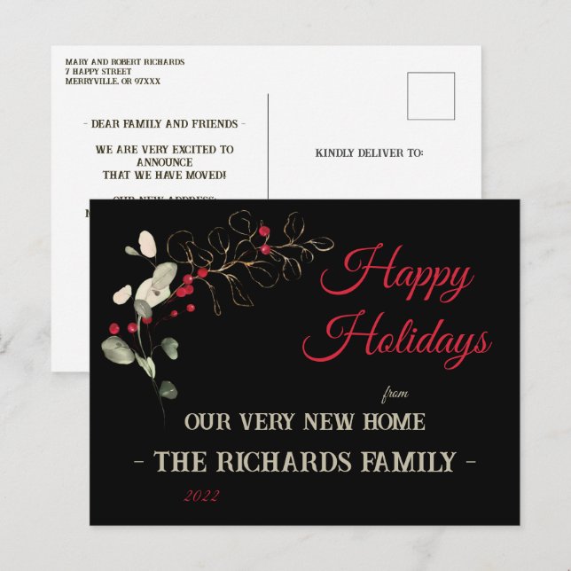 Glitter Eucalyptus & Holly Berry New Home Holiday  Postcard (Front/Back)