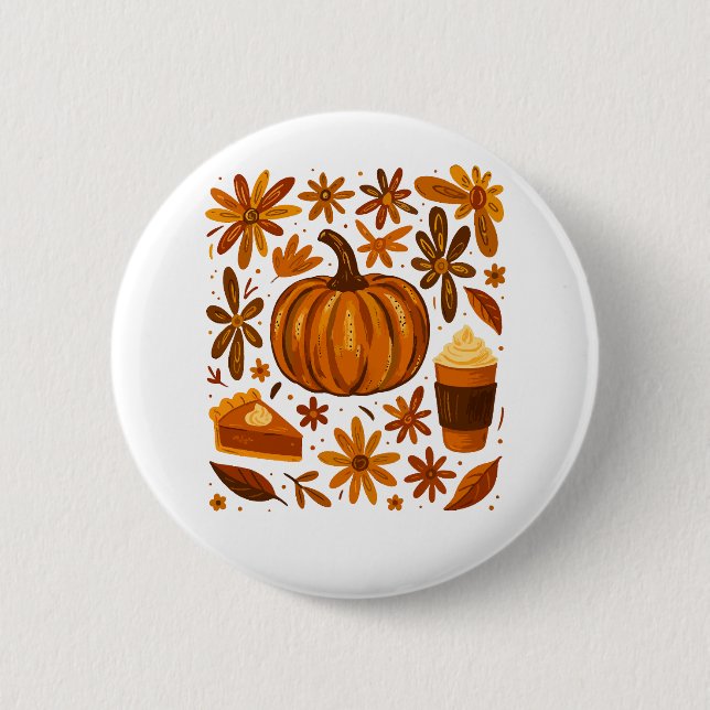 Glitter Fall Floral Pumpkin Thankgiving Button (Front)