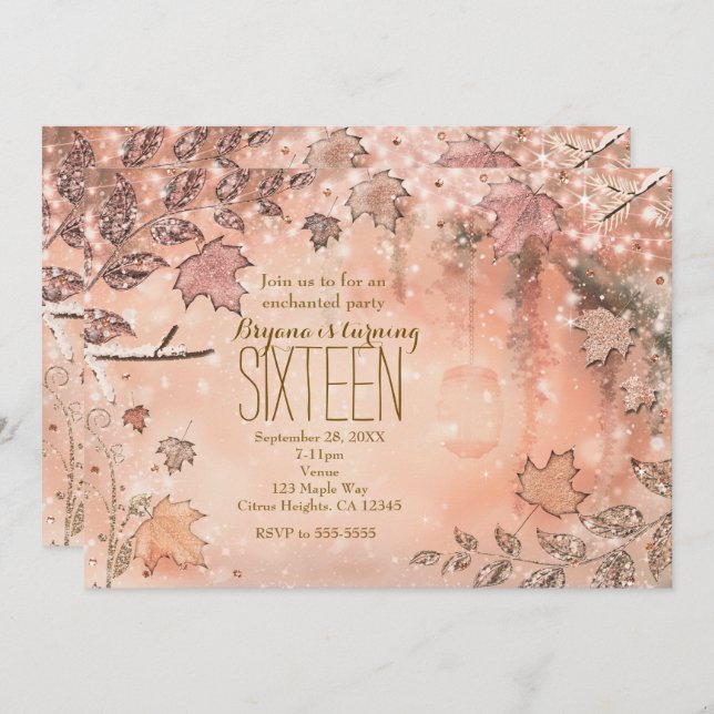 Glitter Fall Leaves Rose Gold Autumn Invitations (Front/Back)