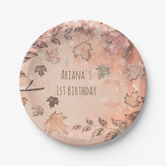 Glitter Fall Leaves Winter Golden Autumn Party Paper Plates (Front)