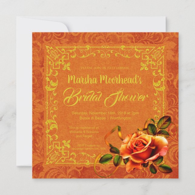 Glitter & Fall Rose Golden Brown Bridal Shower Invitation (Front)