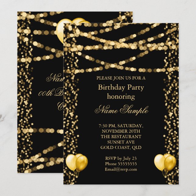 Glitter Faux Foil Gold Balloons Black Birthday Invitation (Front/Back)